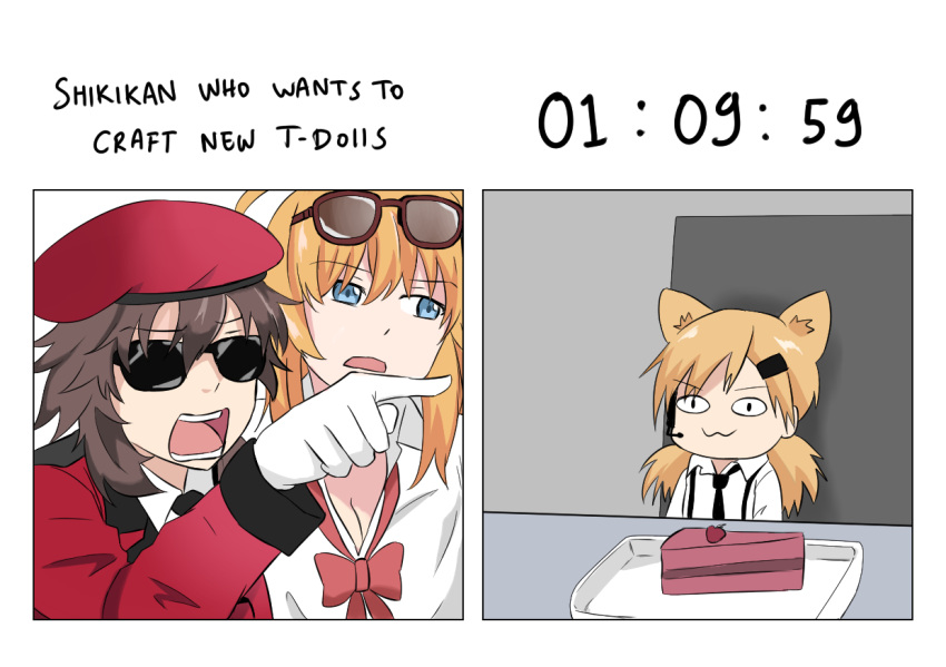 1boy 2girls :3 animal_ears beret blonde_hair blue_eyes cake cat_ears closed_mouth commander_(girls_frontline) commentary_request english_text eyewear_on_head food girls_frontline gloves hat idw_(girls_frontline) kalina_(girls_frontline) long_hair long_sleeves meme multiple_girls necktie open_mouth rukialice slice_of_cake sunglasses teeth white_gloves woman_yelling_at_cat