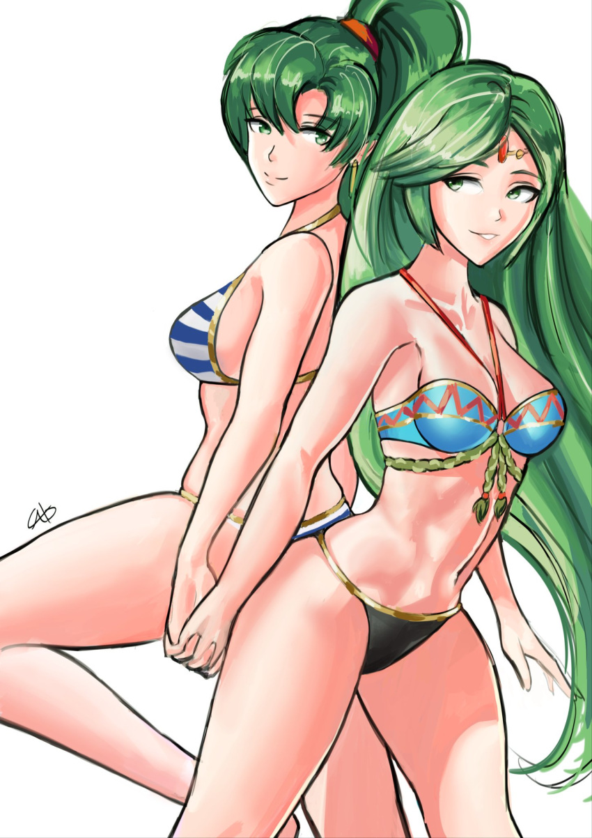 2girls back-to-back bikini blue_bikini_top catslikestodraw costume_switch cute fire_emblem fire_emblem:_rekka_no_ken fire_emblem:_the_blazing_blade fire_emblem_blazing_sword goddess green_eyes green_hair holding_hands human intelligent_systems kid_icarus kid_icarus_uprising long_hair looking_at_another lyn_(fire_emblem) lyndis_(fire_emblem) navel nintendo nintendo_ead palutena palutena_no_kagami parted_lips ponytail sexy sora_(company) striped_bikini striped_swimsuit super_smash_bros. swimsuit swimsuit_switch white_background