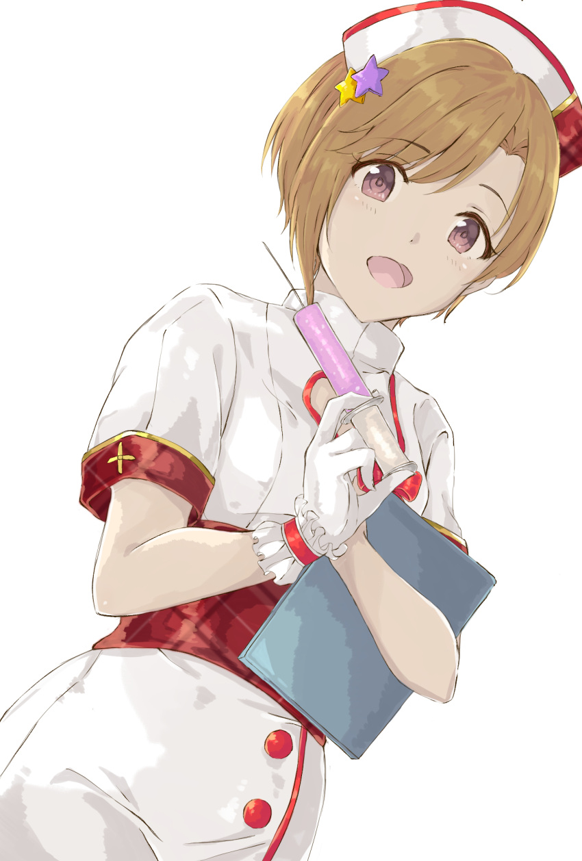 1girl aiba_yumi blonde_hair blush breasts brown_eyes commentary_request duffy eyebrows_visible_through_hair gloves hair_ornament highres holding holding_syringe idolmaster idolmaster_cinderella_girls looking_at_viewer open_mouth short_hair short_sleeves simple_background smile solo star star_hair_ornament syringe white_background white_gloves
