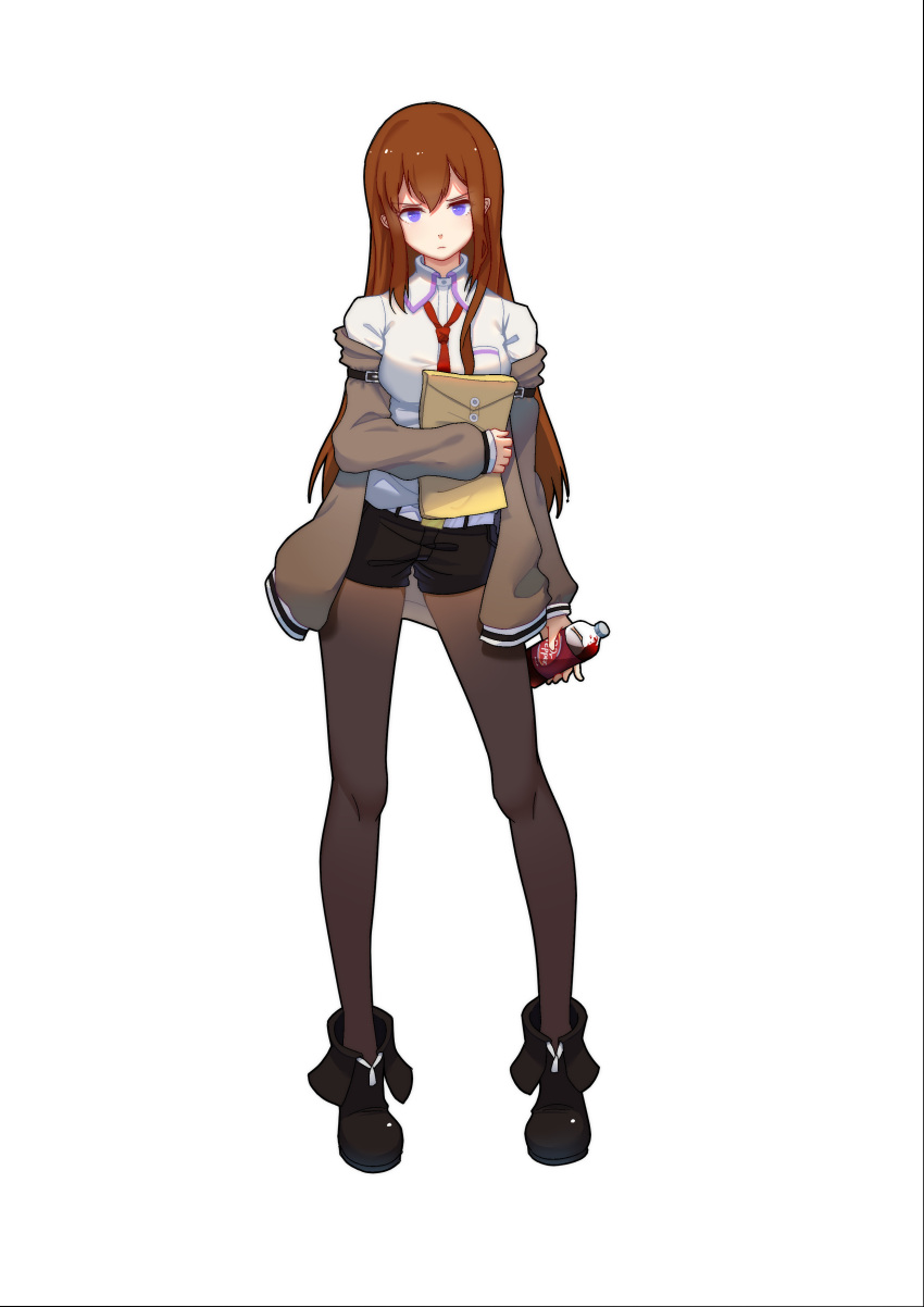 1girl absurdres bangs belt black_legwear black_shorts boots bottle breasts brown_hair closed_eyes collar collared_shirt dr_pepper dxy envelope frown full_body highres holding holding_bottle holding_envelope jacket legwear_under_shorts long_hair long_sleeves looking_at_viewer makise_kurisu necktie pantyhose pixel_art red_neckwear shirt shorts simple_background soda solo standing steins;gate violet_eyes white_background