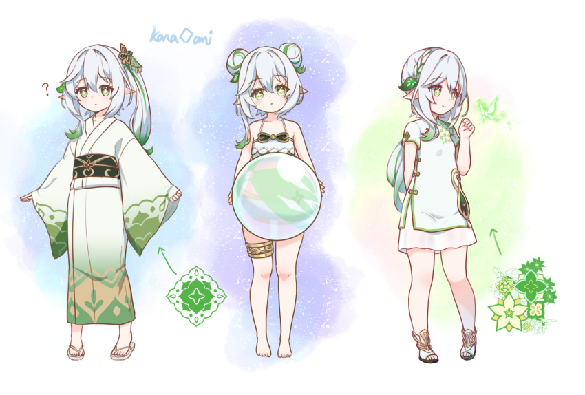 1girl ? alternate_costume ball bangs barefoot beachball bikini braid carrying chinese_clothes commentary_request cross-shaped_pupils double_bun female_child flat_chest frilled_bikini frills full_body genshin_impact gradient_hair gradient_kimono green_eyes green_kimono grey_hair hair_between_eyes hair_bun hair_ornament japanese_clothes kana_ami kimono leaf_hair_ornament long_hair long_sleeves looking_at_viewer low_ponytail multicolored_hair nahida_(genshin_impact) obi parted_lips patterned_clothing pointy_ears sandals sash side_ponytail sidelocks signature single_braid solo standing swimsuit symbol-shaped_pupils thighlet white_hair white_kimono