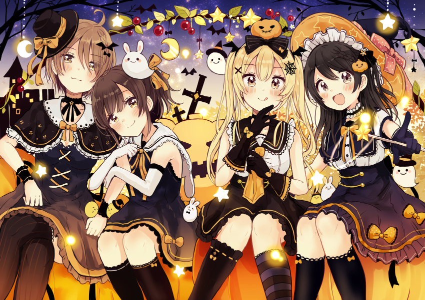 4girls :d :q absurdres ahoge animal arm_hug bangs bare_shoulders bird black_bow black_capelet black_dress black_gloves black_hair black_headwear black_legwear black_sailor_collar black_skirt blonde_hair blush bow braid brown_bow brown_eyes brown_hair capelet chick closed_mouth collarbone commentary_request cover cover_page crescent dress elbow_gloves eyebrows_visible_through_hair fang food_themed_hair_ornament gloves hair_between_eyes hair_bow hair_ornament halloween hat head_tilt highres kneehighs long_hair looking_at_viewer mismatched_legwear multiple_girls open_mouth orange_bow orange_headwear orange_neckwear original pleated_skirt pumpkin_hair_ornament rabbit sailor_collar sailor_dress sakura_oriko shirt skirt sleeveless sleeveless_dress sleeveless_shirt smile spider_web_hair_ornament star star_print striped striped_bow striped_legwear swing!! thigh-highs tilted_headwear tongue tongue_out tree_branch twintails vertical-striped_legwear vertical_stripes very_long_hair wand white_gloves white_sailor_collar white_shirt wing_hair_ornament witch_hat wrist_cuffs x_hair_ornament