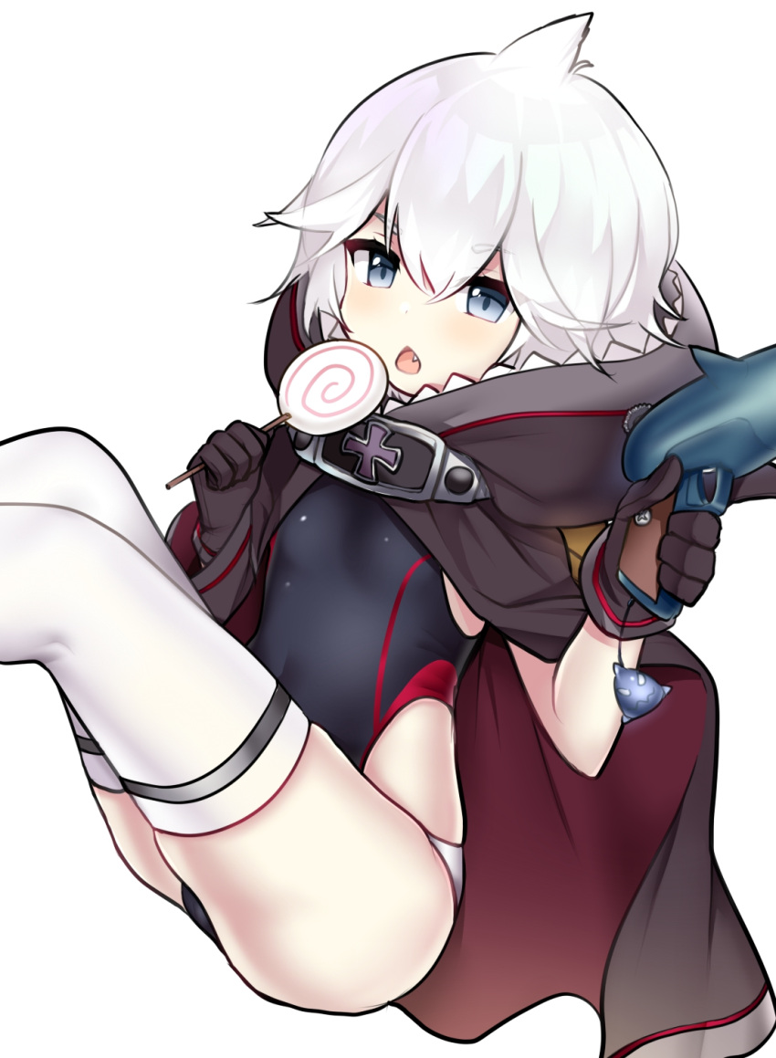 10komorimori 1girl azur_lane black_cloak black_gloves blue_eyes candy cloak commentary_request competition_swimsuit fang food gloves gun highres holding holding_gun holding_lollipop holding_weapon hood hooded_cloak iron_cross lollipop looking_at_viewer one-piece_swimsuit short_hair simple_background skindentation solo swimsuit thigh-highs trigger_discipline u-110_(azur_lane) water_gun weapon white_background white_hair white_legwear