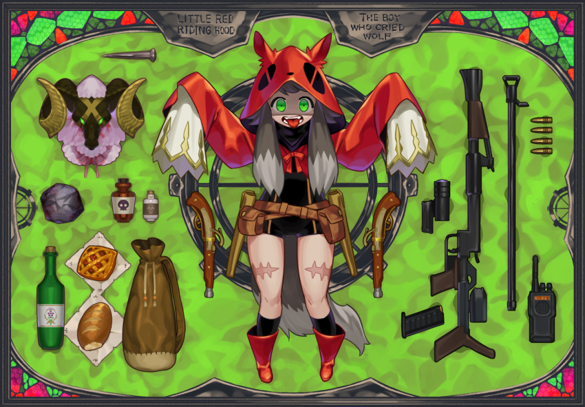 1girl animal_ears animal_head bangs black_legwear blood boots border bottle bread bullet copyright_name drawstring english_text fanny_pack food full_body green_background green_eyes grey_hair gun handgun hood hood_up kneehighs leotard long_hair long_sleeves looking_at_viewer nail nowaki_nakasane open_mouth outstretched_arms pie poison pouch red_footwear red_hood rock scar shaded_face sheep_head skull_print sleeves_past_fingers sleeves_past_wrists solo split_theme stained_glass the_boy_who_cried_wolf tongue tongue_out turtleneck walkie-talkie weapon weapon_request wheel wolf_ears wolf_hood zombie_pose