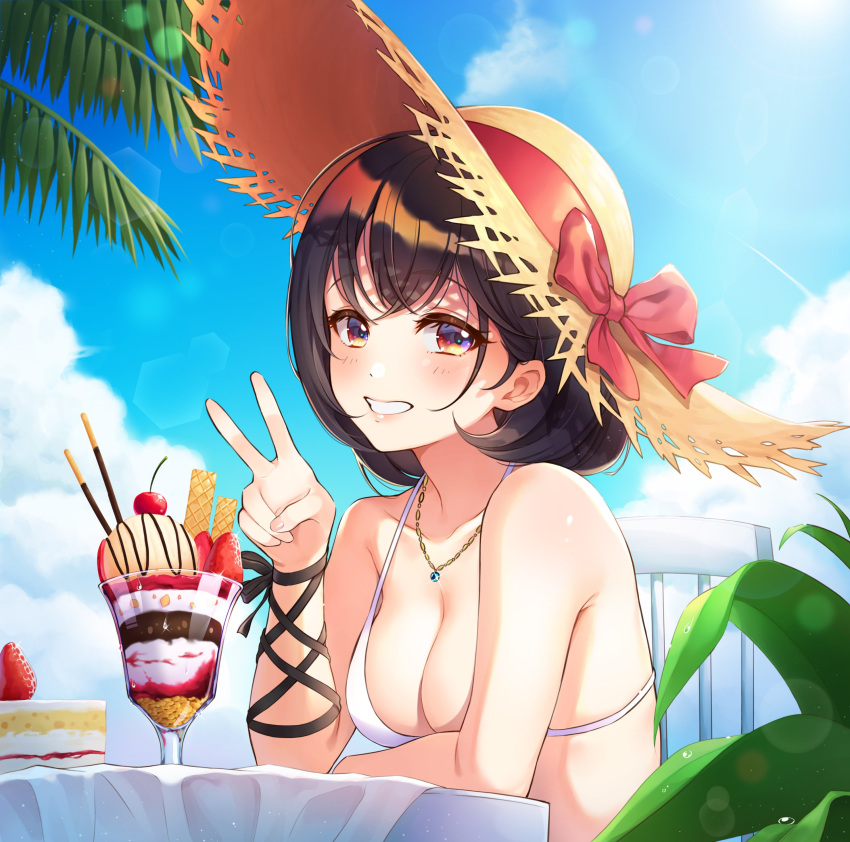 1girl absurdres bangs bikini black_hair blue_sky blush bow breasts cake chair cherry clouds collarbone day elbows_on_table food fruit glass grin hand_up hat hat_bow highres ice_cream inchangboy2 jewelry lips looking_at_viewer medium_breasts original outdoors palm_tree parfait pendant pocky sitting sky slice_of_cake smile solo straw_hat strawberry sunlight swimsuit table tree upper_body v wafer water_drop white_bikini