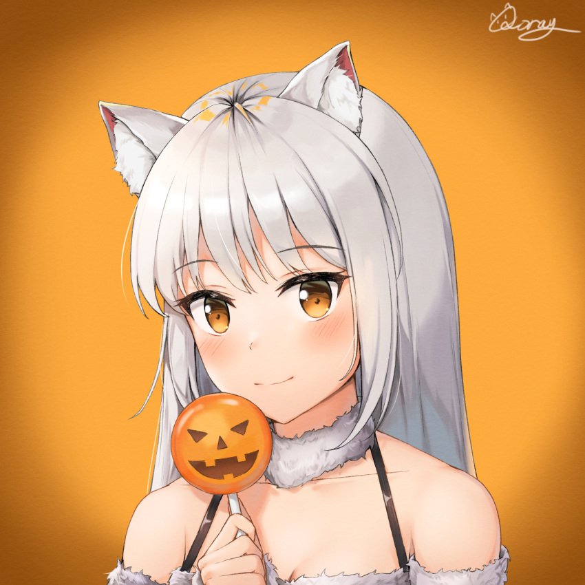 1girl animal_ear_fluff animal_ears bangs bare_shoulders blush brown_eyes cat_ears commentary eyebrows_visible_through_hair face fur_collar fur_trim halloween highres holding long_hair looking_at_viewer orange_background original pumpkin_print qoray7 simple_background smile white_hair