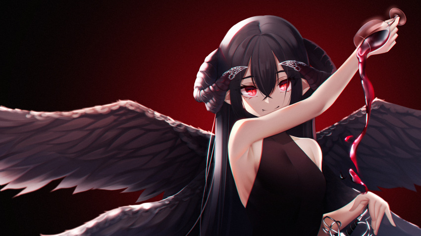 1girl absurdres alcohol arm_up bangs black_background black_dress black_hair black_wings breasts closed_mouth collarbone commentary cup curled_horns demon_girl demon_horns demon_wings dress drinking_glass eyebrows_visible_through_hair feathered_wings gradient gradient_background hair_between_eyes highres holding holding_cup horns huge_filesize long_hair looking_at_viewer medium_breasts multiple_wings original pouring red_background red_eyes sleeveless sleeveless_dress smile solo symbol_commentary the_cold upper_body very_long_hair wine wine_glass wings