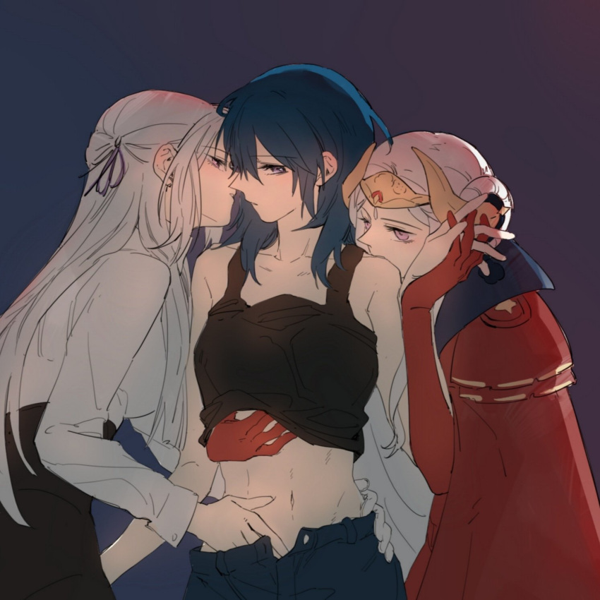 3girls bare_shoulders black_background black_tank_top braid byleth_(fire_emblem) byleth_eisner_(female) cape collarbone dual_persona edelgard_von_hresvelg eyebrows_visible_through_hair fire_emblem fire_emblem:_three_houses gloves green_hair hair_between_eyes hair_ornament hand_in_pants hand_on_another's_hip highres interlocked_fingers kiss multiple_girls nanjonio navel red_cape red_gloves tank_top_lift violet_eyes white_hair yuri