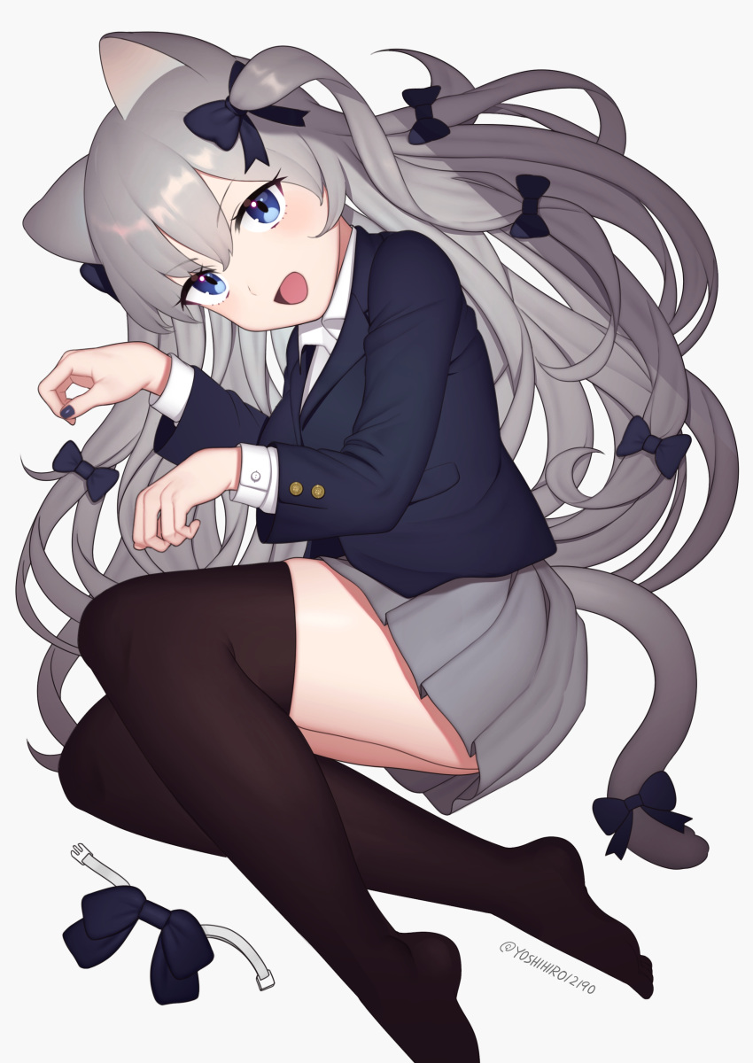 1girl :d absurdres animal_ears black_jacket blazer blue_eyes bow brown_legwear cat_ears cat_girl cat_tail collared_shirt grey_hair grey_skirt hair_bow highres jacket long_hair long_sleeves looking_at_viewer miniskirt nail_polish no_shoes open_mouth original pleated_skirt school_uniform shirt simple_background skirt smile solo tail tail_bow thigh-highs twitter_username two_side_up white_background white_shirt yoshihiro_(yoshihiro12190) zettai_ryouiki
