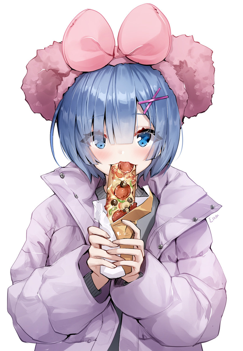 1girl ankkoyom biting blue_eyes blue_hair blush bow bread coat eating eyes_visible_through_hair food grey_sweater hair_bow hair_ornament hair_over_one_eye highres holding holding_food long_sleeves looking_at_viewer pepperoni pink_bow re:zero_kara_hajimeru_isekai_seikatsu rem_(re:zero) short_hair simple_background solo sweater towel towel_on_head upper_body white_background winter_clothes winter_coat wrapper x_hair_ornament