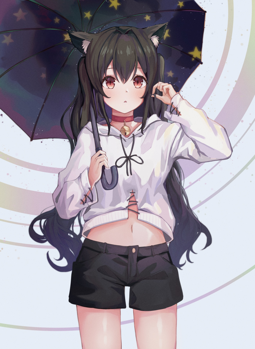 1girl absurdres animal_ears bell black_hair black_shorts cat_ears choker cowboy_shot crop_top denim denim_shorts doroshi hand_up highres holding holding_umbrella hood hood_down hoodie jingle_bell long_hair long_sleeves looking_at_viewer midriff navel original parted_lips red_eyes revision short_shorts shorts solo standing star star_print twintails umbrella very_long_hair white_hoodie