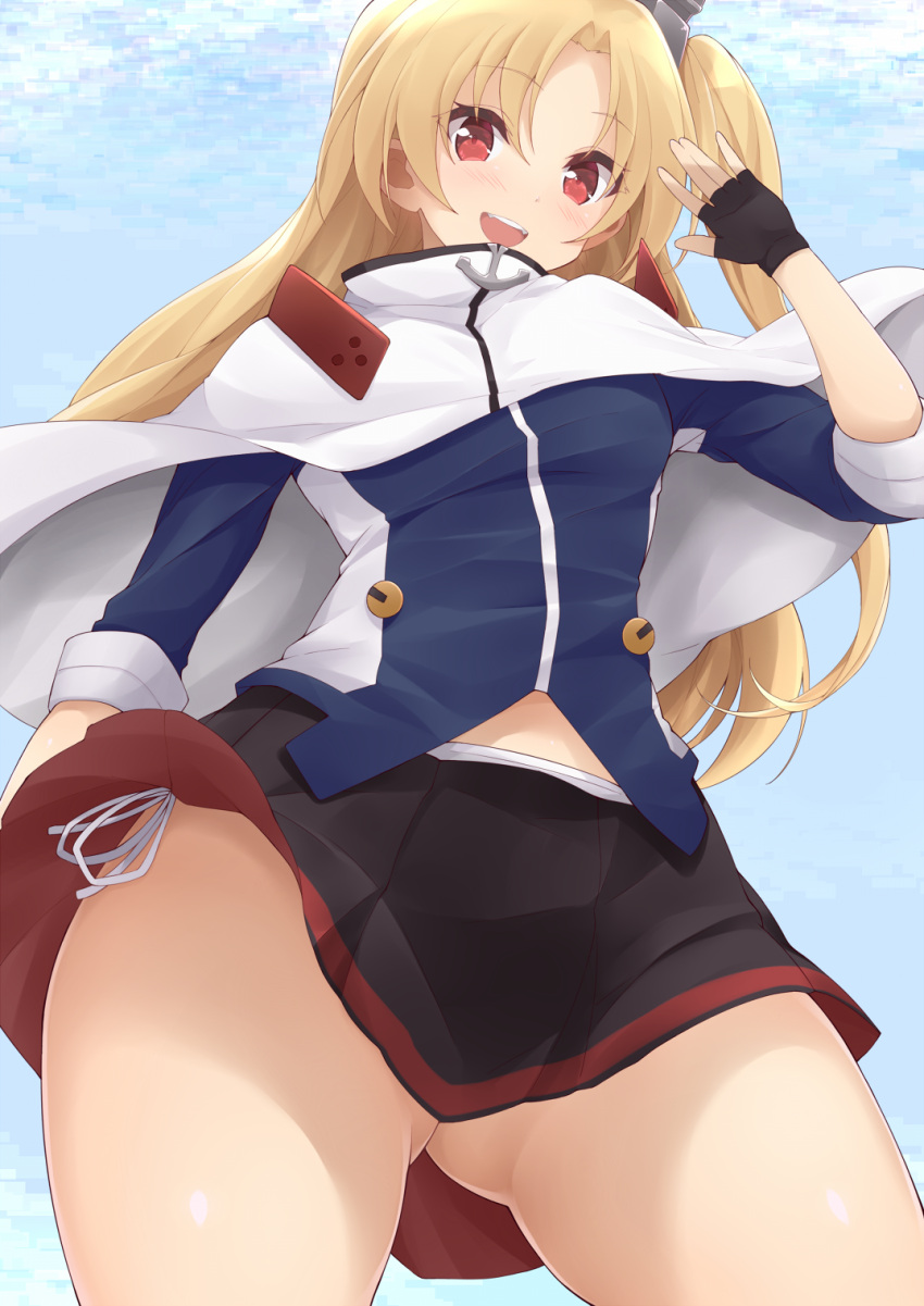 1girl ass_visible_through_thighs azur_lane bangs black_gloves black_skirt blonde_hair blue_sky capelet cleveland_(azur_lane) clouds commentary_request day eyebrows_visible_through_hair fingerless_gloves from_below gloves head_tilt highres jampen legs_apart looking_at_viewer midriff_peek miniskirt one_side_up open_mouth outdoors panties parted_bangs pleated_skirt red_eyes side-tie_panties skirt sky smile solo string_panties thighs underwear waving white_capelet white_panties