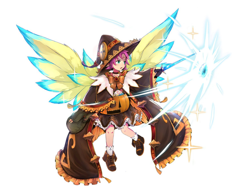 1girl bow bozugame dress facial_mark fae_(fire_emblem) fire_emblem fire_emblem:_the_binding_blade fire_emblem_heroes forehead_mark full_body green_eyes halloween_costume hat highres holding holding_sword holding_weapon long_sleeves open_mouth purple_hair short_hair simple_background solo sword weapon white_background wide_sleeves wings witch_hat