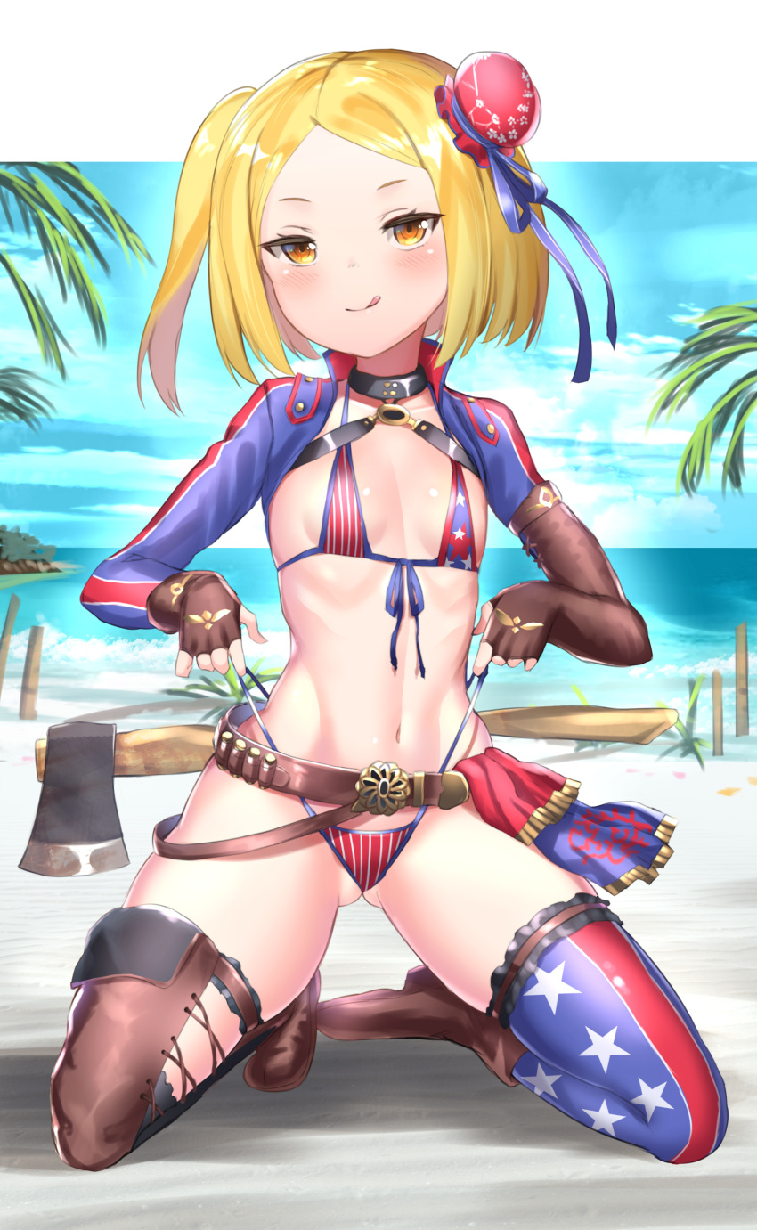 1girl :q absurdres american_flag_bikini american_flag_legwear ass axe bangs beach belt bikini black_legwear blonde_hair blue_sky blush boots breasts brown_gloves clouds cosplay elbow_gloves fate/grand_order fate_(series) fingerless_gloves flag_print gloves hair_bun highres kneeling mismatched_legwear miyamoto_musashi_(fate/grand_order) miyamoto_musashi_(swimsuit_berserker)_(fate) miyamoto_musashi_(swimsuit_berserker)_(fate)_(cosplay) ocean palm_tree parted_bangs paul_bunyan_(fate/grand_order) short_hair side_ponytail sky small_breasts solo swimsuit thigh-highs tiptoes tongue tongue_out tree unizou yellow_eyes