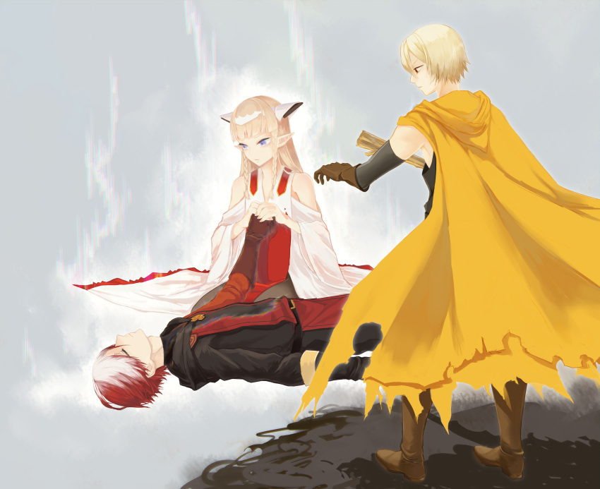 1girl 2boys absurdres alex_the_sage_in_yellow belt black_gloves blonde_hair blue_eyes boots braid brown_footwear brown_gloves cape closed_eyes death detached_sleeves ezel_the_king_of_fire_and_iron falia_the_queen_of_the_mountains gloves headpiece highres holding_hand long_hair long_sleeves looking_at_another lying multicolored_hair multiple_boys on_back outdoors pixiv_fantasia pixiv_fantasia_last_saga pointy_ears red_eyes redhead sawa_(textic) simple_background sleeveless standing twin_braids two-tone_hair walking_stick white_hair wide_sleeves yellow_cape