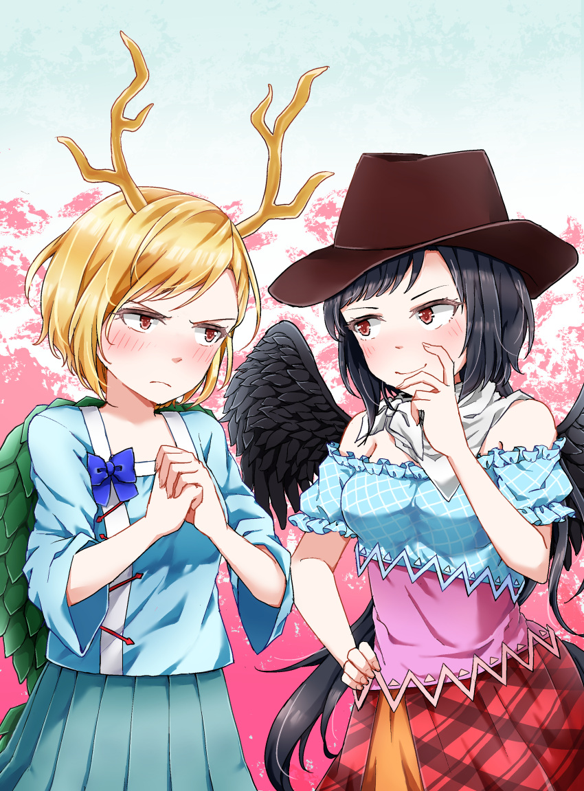2girls absurdres bandana bangs bare_shoulders black_hair black_wings blonde_hair blue_bow blue_shirt blue_skirt blush bow brown_headwear commentary_request cowboy_hat cowboy_shot cracking_knuckles dragon_horns feathered_wings hand_on_hip hand_up hat highres horns kicchou_yachie kurokoma_saki kurono_(lamm) long_hair long_sleeves looking_at_another low_ponytail multiple_girls off-shoulder_shirt off_shoulder own_hands_together plaid plaid_skirt pleated_skirt puffy_short_sleeves puffy_sleeves red_eyes red_skirt shirt short_hair short_sleeves skirt standing swept_bangs touhou v-shaped_eyebrows very_long_hair wings