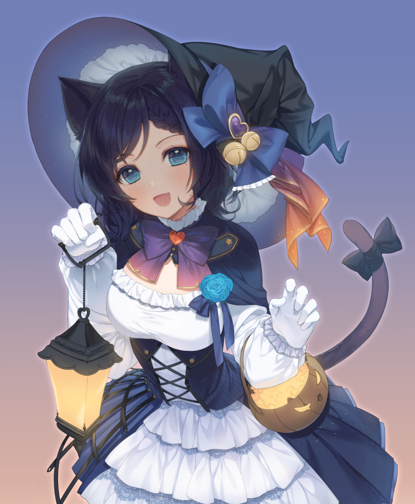 1girl :d a20_(atsumaru) aiba_uiha animal_ears bangs basket bell black_capelet black_hair black_headwear black_ribbon blue_bow blue_eyes blue_flower blue_rose bow bowtie braid breasts capelet cat_ears cat_girl cat_tail commentary_request corset dress eyebrows_visible_through_hair fang flower french_braid frilled_dress frilled_sleeves frills gradient gradient_background halloween hat hat_bow heart highres holding_lantern jack-o'-lantern jingle_bell lantern layered_dress leaning_forward long_sleeves looking_at_viewer medium_breasts nijisanji open_mouth parted_bangs puffy_long_sleeves puffy_sleeves pumpkin purple_bow purple_neckwear ribbon rose short_hair smile solo tail tail_ribbon tareme virtual_youtuber white_dress witch_hat