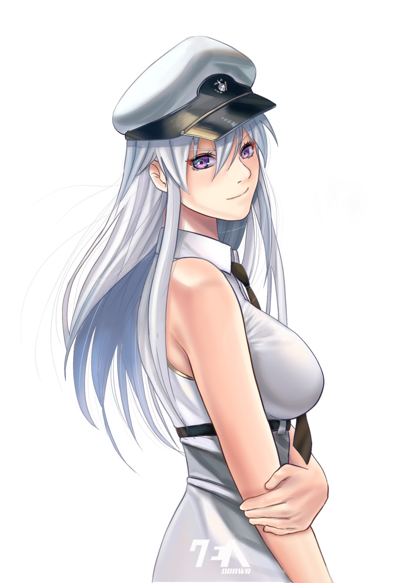 azur_lane belt black_belt black_neckwear breasts commentary_request cowboy_shot enterprise_(azur_lane) hat highres large_breasts long_hair military_hat peaked_cap shirt sideboob silver_hair sleeveless sleeveless_shirt smile underbust very_long_hair violet_eyes white_background white_headwear zendrawr