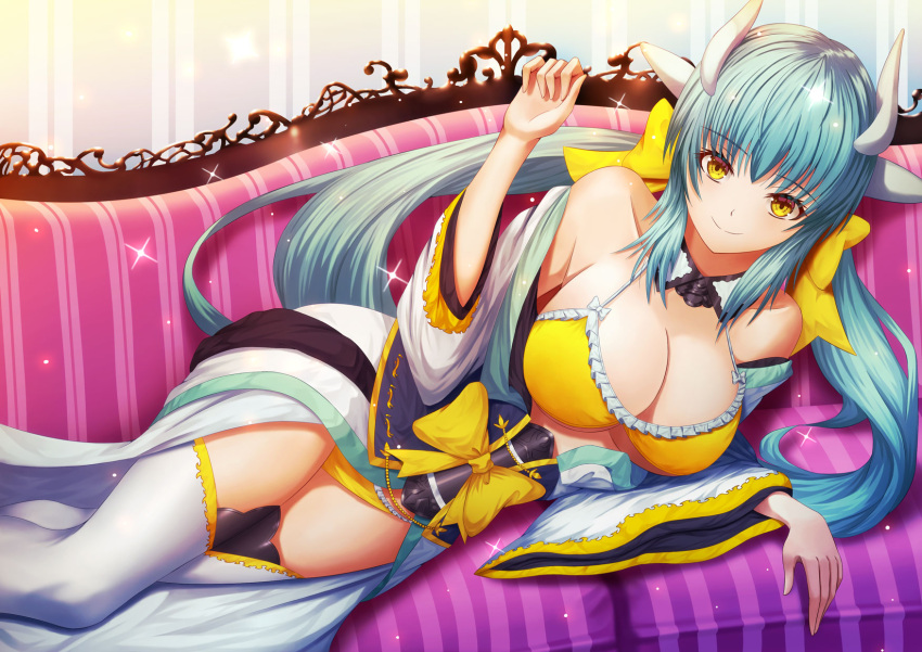 1girl aqua_hair aqua_kimono bikini bow breasts couch dragon_girl dragon_horns fate/grand_order fate_(series) frilled_bikini frills fujifuji924 hair_ribbon highres horns japanese_clothes kimono kiyohime_(fate/grand_order) kiyohime_(swimsuit_lancer)_(fate) large_breasts long_hair looking_at_viewer low_twintails lying multiple_horns obi on_couch on_side ribbon sash smile solo swimsuit thigh-highs twintails white_legwear wide_sleeves yellow_bikini yellow_bow yellow_eyes yellow_ribbon