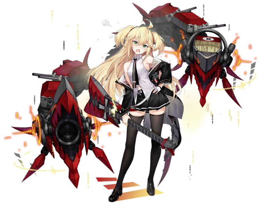 1girl :o admiral_hipper_(azur_lane) admiral_hipper_(muse)_(azur_lane) ahoge azur_lane bare_shoulders black_footwear black_jacket black_legwear black_skirt blonde_hair collared_shirt electric_guitar fingerless_gloves full_body gloves green_eyes guitar hand_on_hip head_tilt holding holding_instrument idol instrument jacket loafers long_hair long_sleeves looking_at_viewer machinery miniskirt necktie nin off_shoulder official_art open_clothes open_jacket open_mouth pleated_skirt shirt shoes skirt sleeveless sleeveless_shirt solo standing thigh-highs transparent_background turret two_side_up v-shaped_eyebrows white_gloves white_shirt zettai_ryouiki