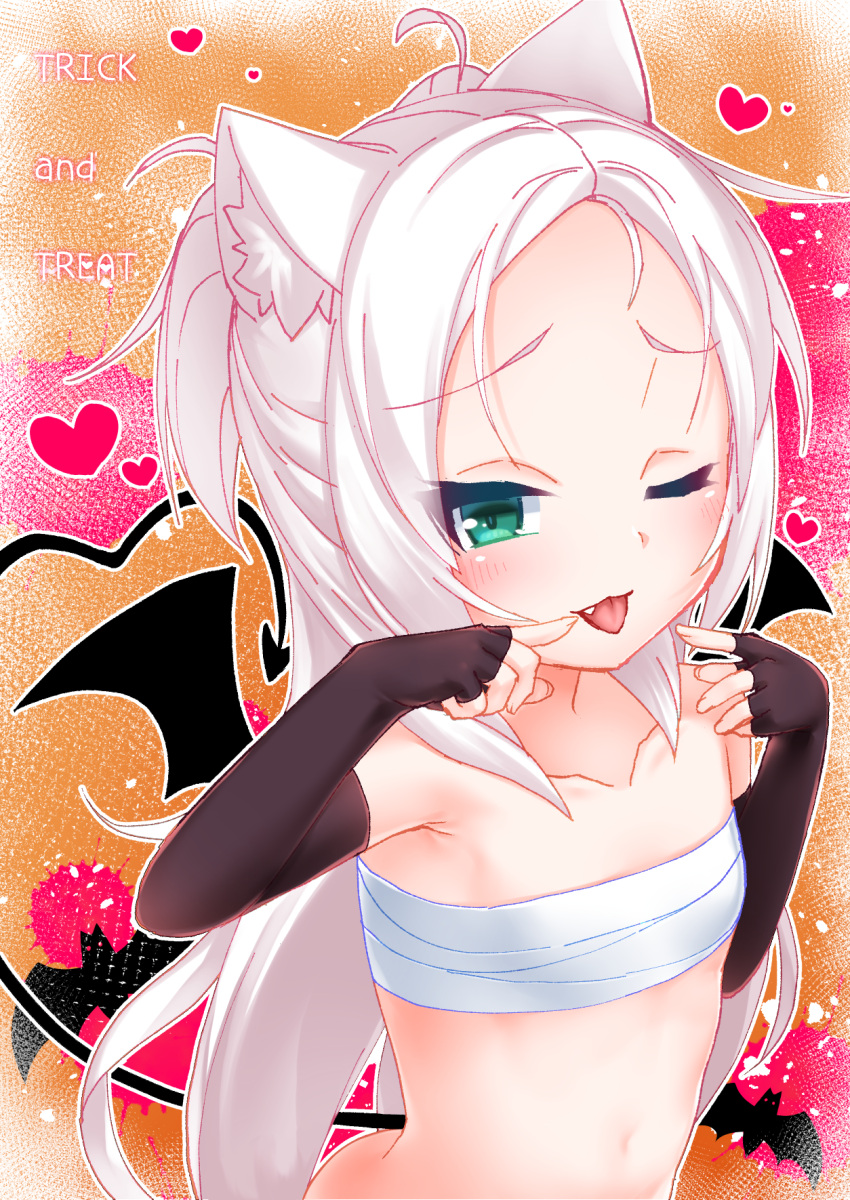 1girl ;p ahoge animal animal_ear_fluff animal_ears ass azur_lane bandages bangs bat black_wings blush brown_gloves cat_ears commentary_request demon_tail demon_wings elbow_gloves eyebrows_visible_through_hair fang fingerless_gloves fingernails flat_chest forehead gloves green_eyes halloween hands_up heart highres kirisame_mia long_hair looking_at_viewer naked_bandage navel one_eye_closed parted_bangs red_background revision sarashi silver_hair sims_(azur_lane) solo tail tail_raised tongue tongue_out trick_or_treat two_side_up very_long_hair wings