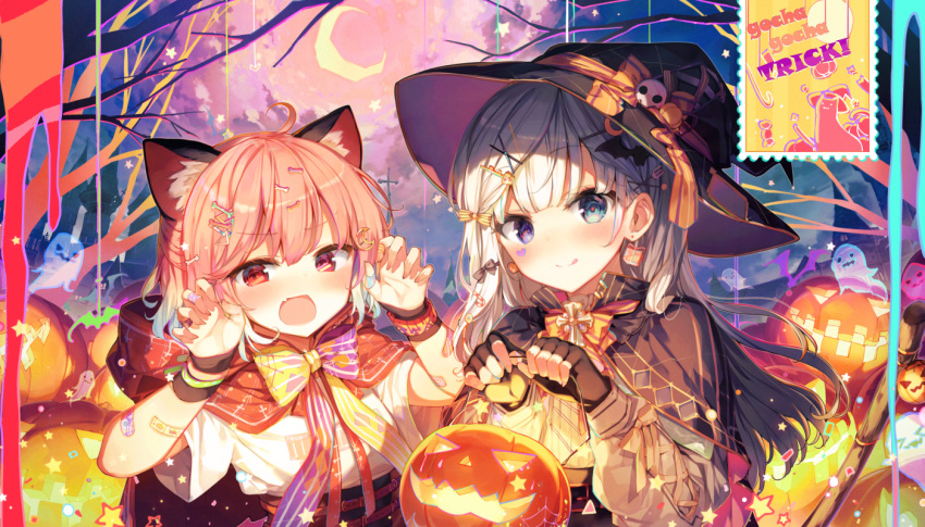 2girls :q ahoge animal_ear_fluff animal_ears bandaid bangs black_capelet black_gloves black_headwear blue_eyes blush bone_hair_ornament bow cape capelet cat_ears claw_pose commentary_request crescent crescent_hair_ornament crescent_moon earrings eyebrows_visible_through_hair fang fingerless_gloves ghost gloves hair_ornament halloween hand_up hat hat_bow heterochromia hood hooded_cape jack-o'-lantern jewelry long_sleeves looking_at_viewer moon multiple_girls night night_sky open_mouth orange_bow original outdoors pink_hair red_cape red_eyes shinoba shirt short_hair short_sleeves silver_hair skull_hair_ornament sky smile tongue tongue_out upper_body violet_eyes white_shirt witch_hat wristband x_hair_ornament