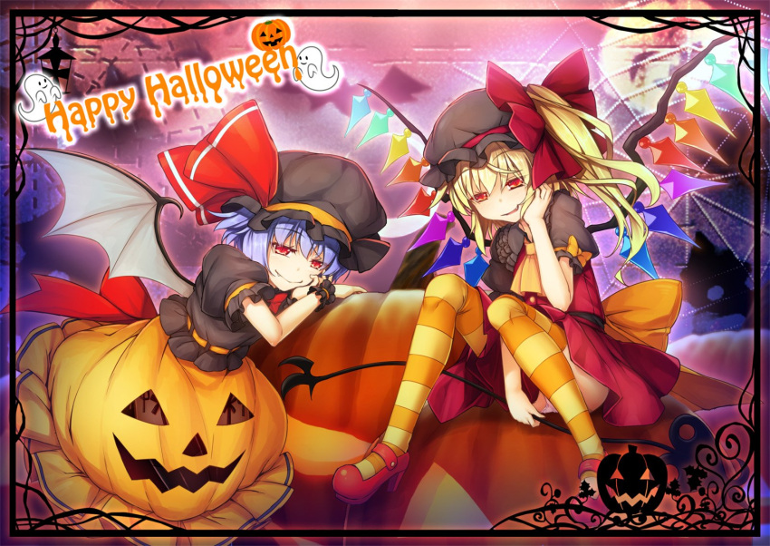 2girls :d ascot bangs bat_wings black_headwear black_shirt blue_hair border chima_q commentary_request crystal dress eyebrows_visible_through_hair fang fang_out flandre_scarlet hair_between_eyes halloween hand_on_own_cheek hand_up happy_halloween hat hat_ribbon highres holding jack-o'-lantern laevatein looking_at_viewer mary_janes mob_cap multiple_girls one_side_up open_mouth orange_legwear orange_skirt panties pantyshot pantyshot_(sitting) puffy_short_sleeves puffy_sleeves red_dress red_eyes red_footwear red_ribbon remilia_scarlet ribbon shirt shoes short_dress short_hair short_sleeves siblings sisters sitting skirt smile striped striped_legwear touhou underwear wings wrist_cuffs yellow_neckwear