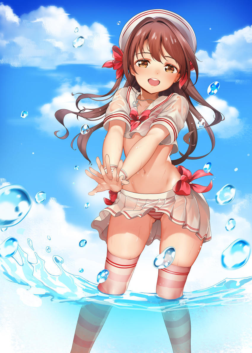 1girl absurdres bangs bikini blush brown_eyes brown_hair clouds commentary_request day eyebrows_visible_through_hair hair_ribbon hat highres hpb8642 idolmaster idolmaster_cinderella_girls long_hair looking_at_viewer midriff navel one_side_up open_mouth pink_legwear red_ribbon ribbon shimamura_uzuki short_sleeves skirt smile solo striped striped_bikini swimsuit thigh-highs upper_teeth white_skirt