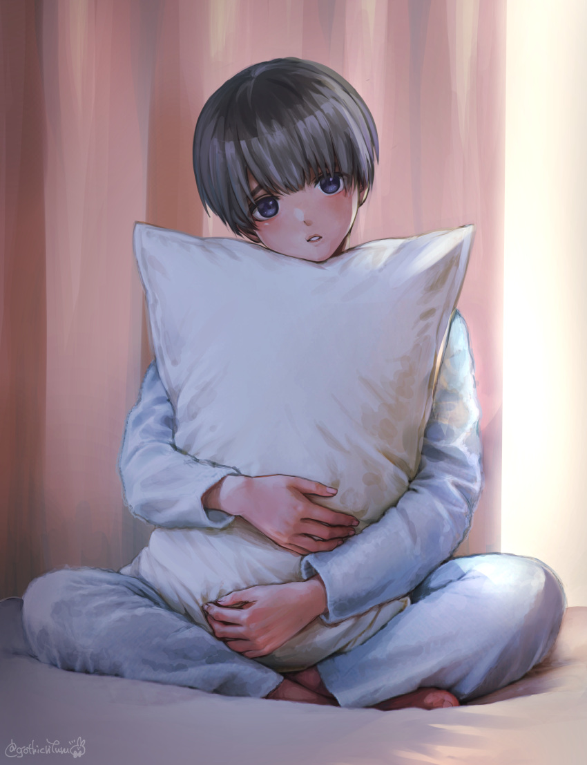 1boy absurdres artist_name bangs barefoot bed_sheet black_hair bloom blue_eyes blush curtains gothicrifuru head_tilt highres indian_style indoors looking_at_viewer male_focus on_bed original pajamas parted_lips pillow pillow_hug sitting solo twitter_username