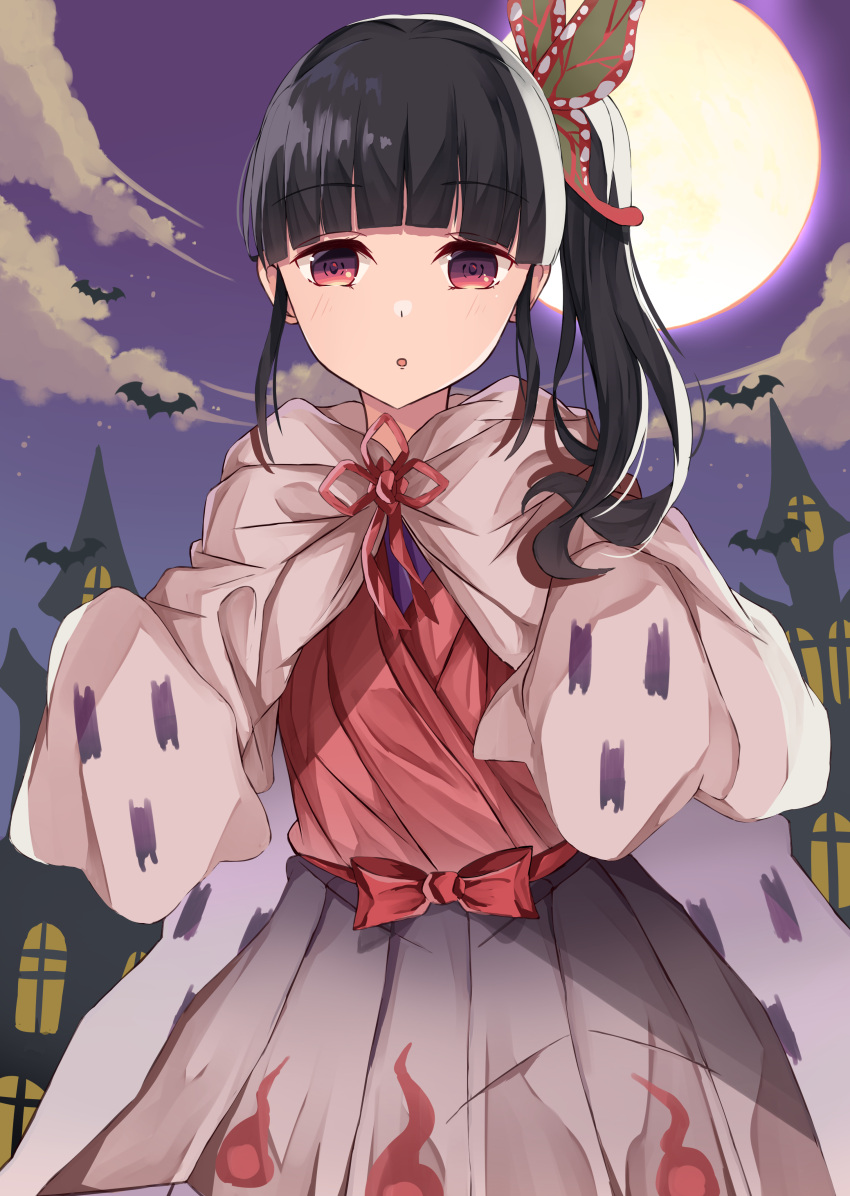 1girl :o absurdres animal bangs bat black_hair bow butterfly_hair_ornament clouds commentary eyebrows_visible_through_hair full_moon grey_skirt hair_ornament halloween highres hood hood_down kimetsu_no_yaiba long_hair long_sleeves looking_at_viewer moon night night_sky norazura parted_lips pleated_skirt purple_sky red_bow red_eyes red_ribbon red_shirt ribbon shirt side_ponytail skirt sky sleeves_past_fingers sleeves_past_wrists solo tsuyuri_kanao