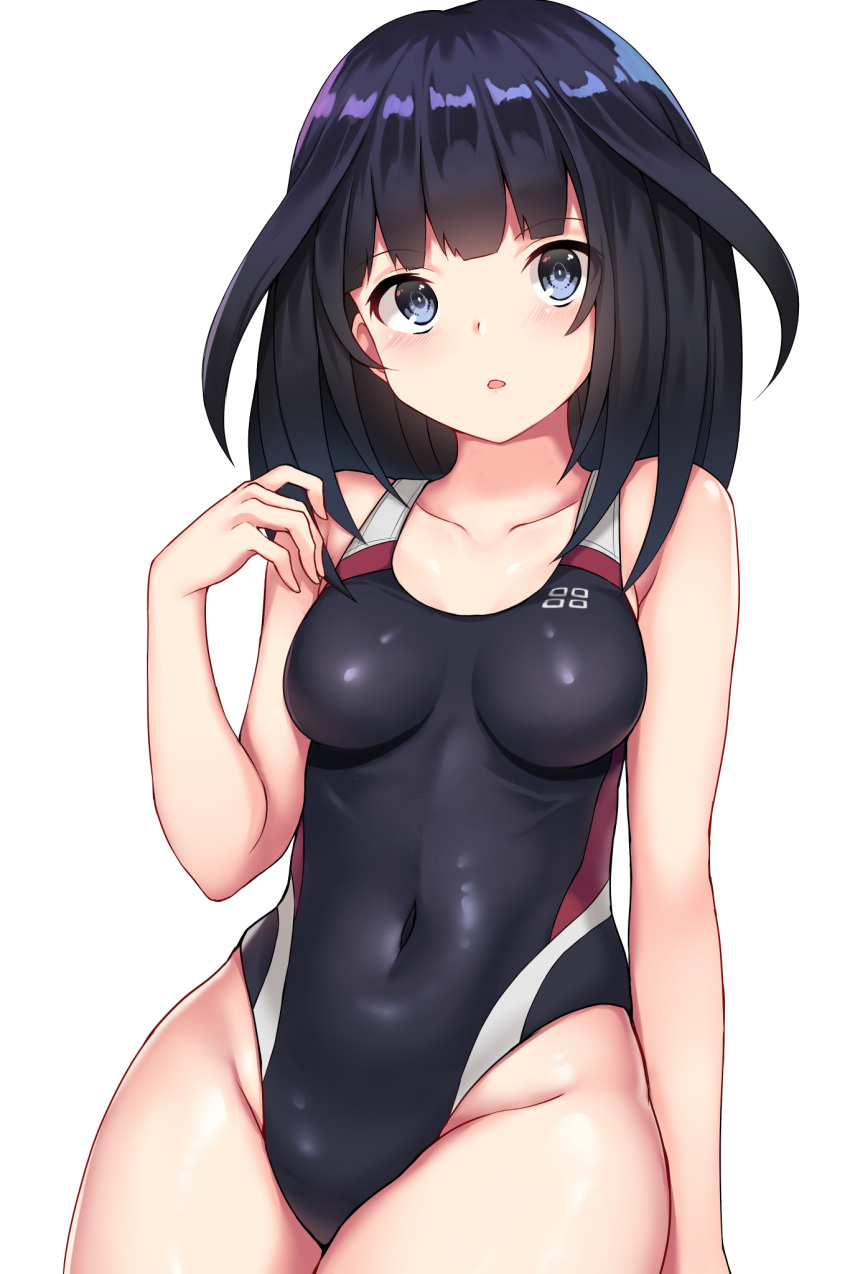 1girl agatsuma_kaede alice_gear_aegis arm_warmers bangs black_hair black_swimsuit blue_eyes blunt_bangs breasts competition_swimsuit covered_navel cowboy_shot highres impossible_clothes impossible_swimsuit long_hair looking_at_viewer nene_(hong_kong) one-piece_swimsuit simple_background sitting small_breasts solo swimsuit white_background