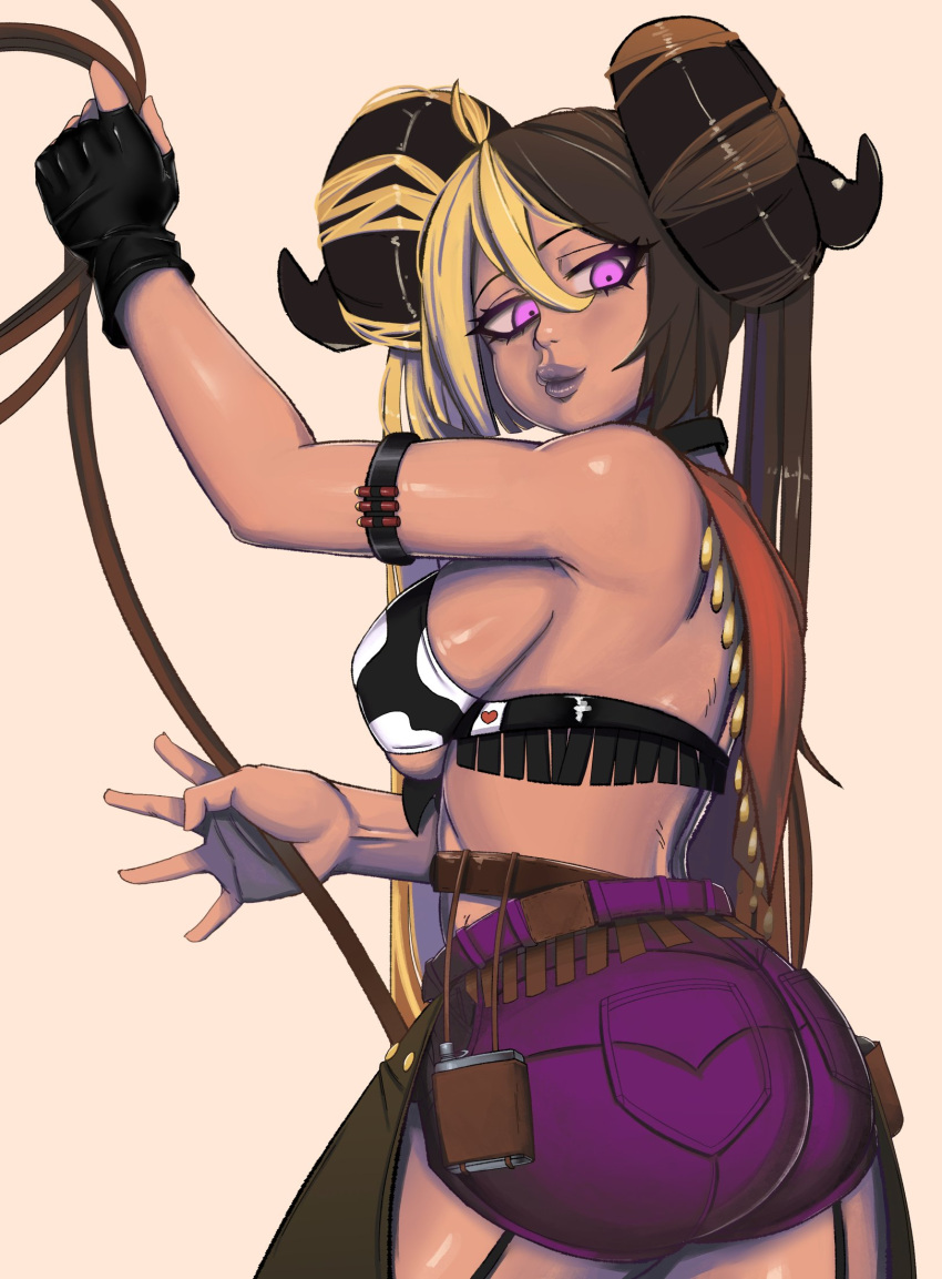 1girl ahoge aife_(zana) animal_print armband ass bandeau bandolier belt black_gloves black_horns blonde_hair borrowed_character breasts brown_hair bullet canister canteen chaps commentary cow_print cowboy dark_skin english_commentary fingerless_gloves gloves gyaru hair_between_eyes highres kevbot lasso lips long_hair looking_back multicolored_hair multiple_belts nose original pink_eyes purple_shorts short_shorts shorts sideboob solo twintails two-tone_hair under_boob very_long_hair western