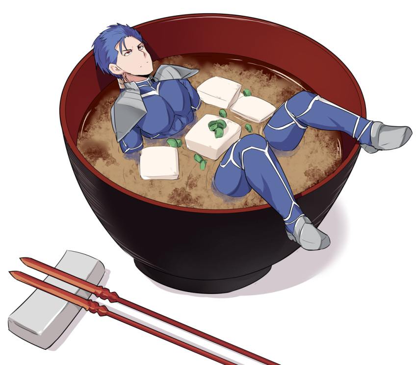 1boy armor blue_hair commentary_request cu_chulainn_(fate)_(all) earrings fate/stay_night fate_(series) food jewelry lancer long_hair male_focus polearm ponytail red_eyes shiseki_hirame simple_background solo soup spear tagme weapon white_background