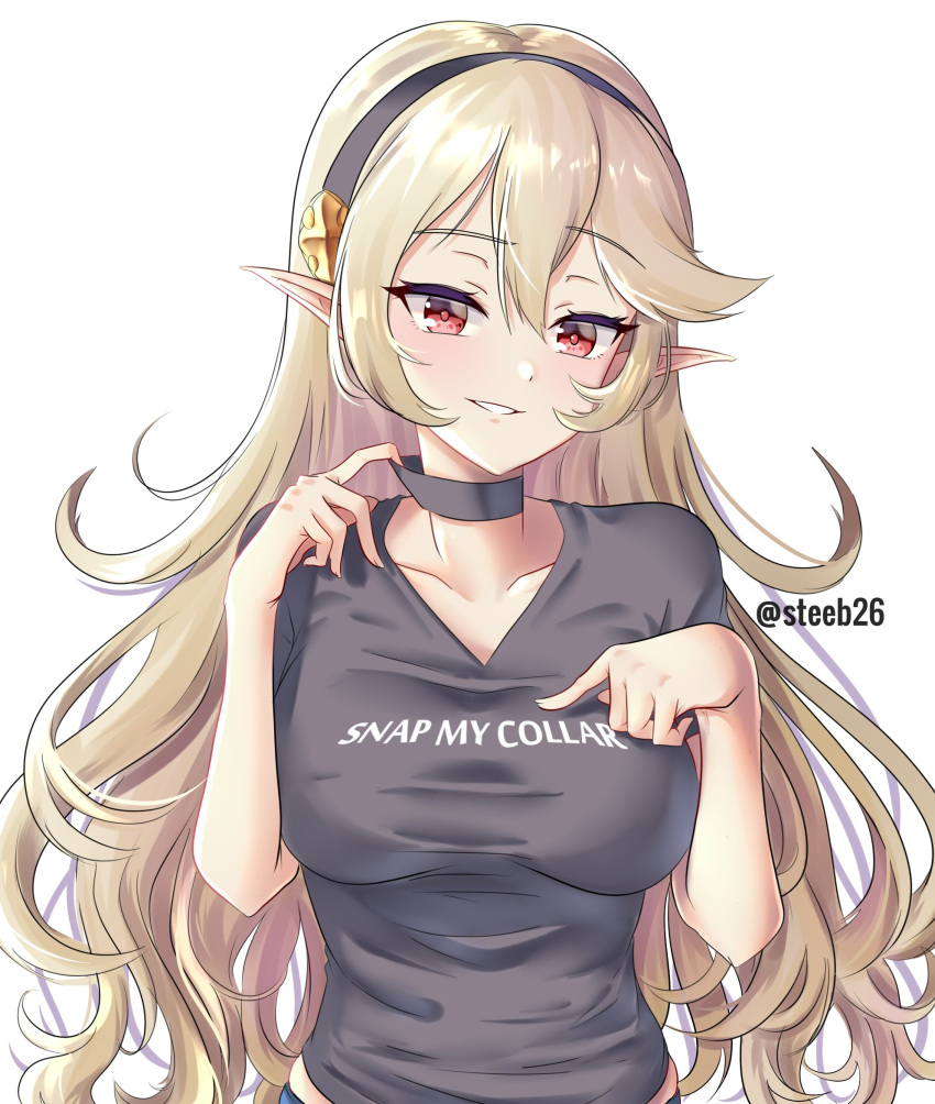 1girl alternate_costume black_hairband black_shirt choker corrin_(fire_emblem) corrin_(fire_emblem)_(female) fire_emblem fire_emblem_fates hairband highres parted_lips pointy_ears red_eyes shirt short_sleeves simple_background solo steeb26 twitter_username white_background