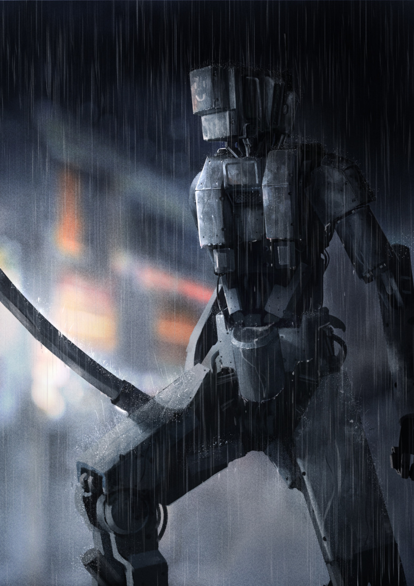 blurry blurry_background clenched_hand highres holding holding_sword holding_weapon mecha night no_humans original outdoors rain robot science_fiction smiley_face solo ssietill standing sword weapon