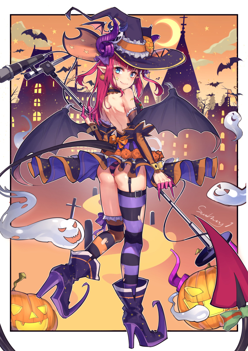 1girl absurdres ass asymmetrical_horns black_legwear black_panties blue_eyes curled_horns dragon_girl dragon_horns dragon_tail dress earrings elizabeth_bathory_(fate)_(all) elizabeth_bathory_(halloween_caster)_(fate) fang fang_out fate/grand_order fate_(series) garter_straps halloween halloween_costume hat highres holding holding_microphone horns horns_through_headwear idol jack-o'-lantern jewelry kaer_sasi_dianxia long_hair microphone microphone_stand mismatched_legwear multicolored multicolored_clothes multicolored_legwear multicolored_panties orange_legwear panties pink_hair pointy_ears purple_legwear purple_panties short_dress single_over-kneehigh single_thighhigh smile solo striped striped_legwear striped_panties tail thigh-highs underwear vertical-striped_dress vertical_stripes wings witch_hat