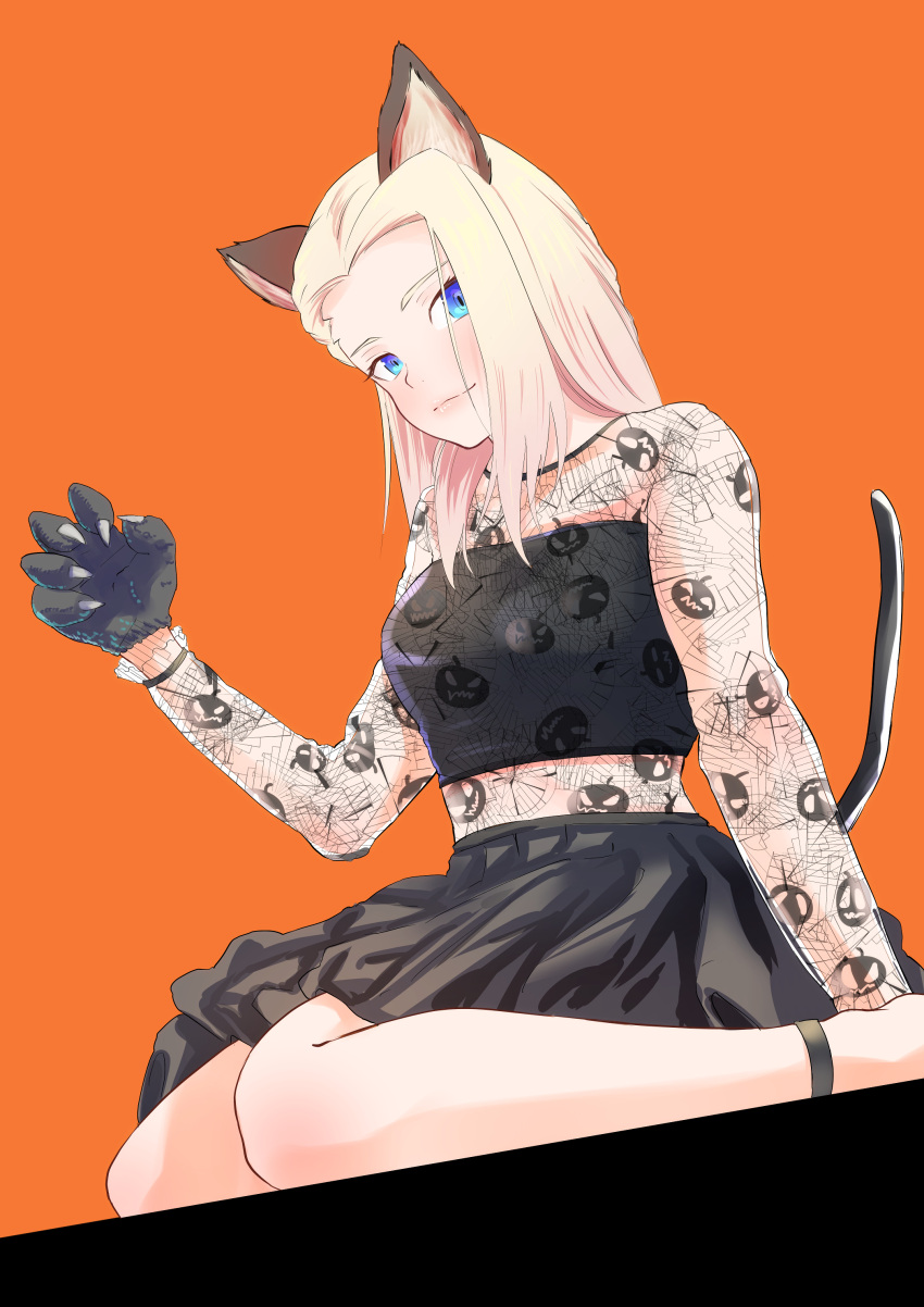 1girl absurdres animal_ears ankle_boots black_shirt black_skirt blonde_hair blue_eyes boots cat_ears cat_tail clara_(girls_und_panzer) claws closed_mouth commentary crop_top dutch_angle fake_animal_ears fake_tail girls_und_panzer gloves halloween halloween_costume highres jack-o'-lantern_print long_hair long_sleeves medium_skirt midriff orange_background oze_(xyz_go_go11) paw_gloves paws see-through shirt simple_background sitting skirt smile solo tail wariza