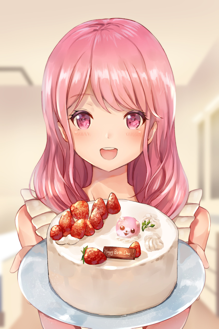 1girl :d absurdres apron bang_dream! bangs bare_shoulders blurry blurry_background blush cake chocolate commentary_request cream depth_of_field eyebrows_visible_through_hair food fruit happy_birthday highres holding holding_plate indoors long_hair looking_at_viewer maruyama_aya nogi_momoko open_mouth pink_eyes pink_hair plate round_teeth smile solo strawberry swept_bangs teeth upper_body upper_teeth white_apron