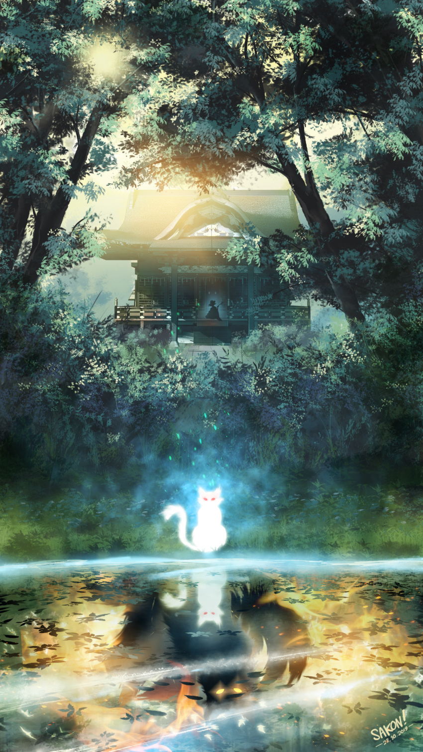 artist_name building bush cat dated different_reflection english_text fire glowing highres lake monster nature original outdoors red_eyes reflection sakon04 shore shrine silhouette sunlight tree water white_cat