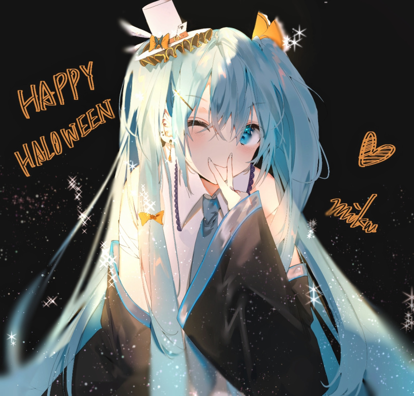 1girl aqua_eyes aqua_hair bangs bare_shoulders black_background blue_neckwear blush bow character_name closed_mouth collared_shirt detached_sleeves ear_piercing earrings eyebrows_visible_through_hair fang fingernails frills hair_between_eyes hair_ornament hairclip halloween happy_halloween hat hatsune_miku heart iftuoma jewelry lace long_hair mini_hat necktie one_eye_closed orange_bow piercing shirt simple_background smile solo sparkle stud_earrings twintails upper_body very_long_hair vocaloid white_headwear white_shirt wide_sleeves