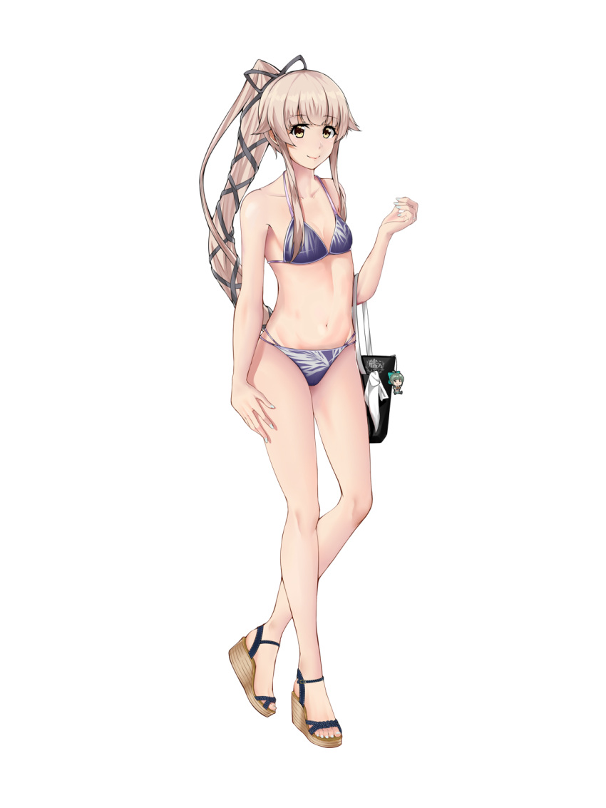 1girl bag bikini blue_ray breasts brown_eyes chinese_commentary collarbone commentary_request full_body grey_bikini hair_flaps hair_ribbon highres kantai_collection long_hair nail_polish navel open_toe_shoes pink_hair ponytail ribbon simple_background small_breasts smile solo swimsuit toenail_polish very_long_hair wedge_heels white_background yura_(kantai_collection)