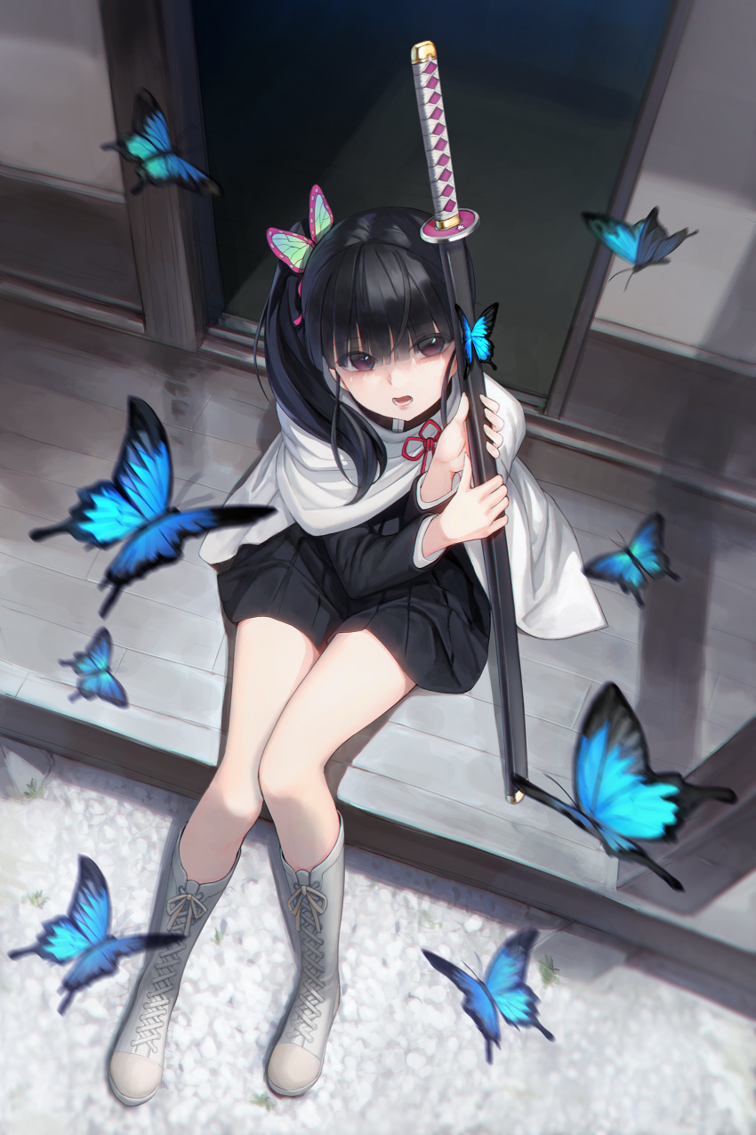 1girl absurdres bangs black_hair black_skirt blunt_bangs boots buttons cape commentary_request cross-laced_footwear egk513 eyebrows_visible_through_hair eyes_visible_through_hair flower_knot from_above full_body hair_over_eyes highres holding holding_sword holding_weapon katana kimetsu_no_yaiba knee_boots lace-up_boots long_hair long_sleeves looking_at_viewer looking_up miniskirt motion_blur on_floor sheath sheathed sidelocks sitting skirt sliding_doors solo sword tsuyuri_kanao violet_eyes weapon white_cape white_footwear wooden_floor