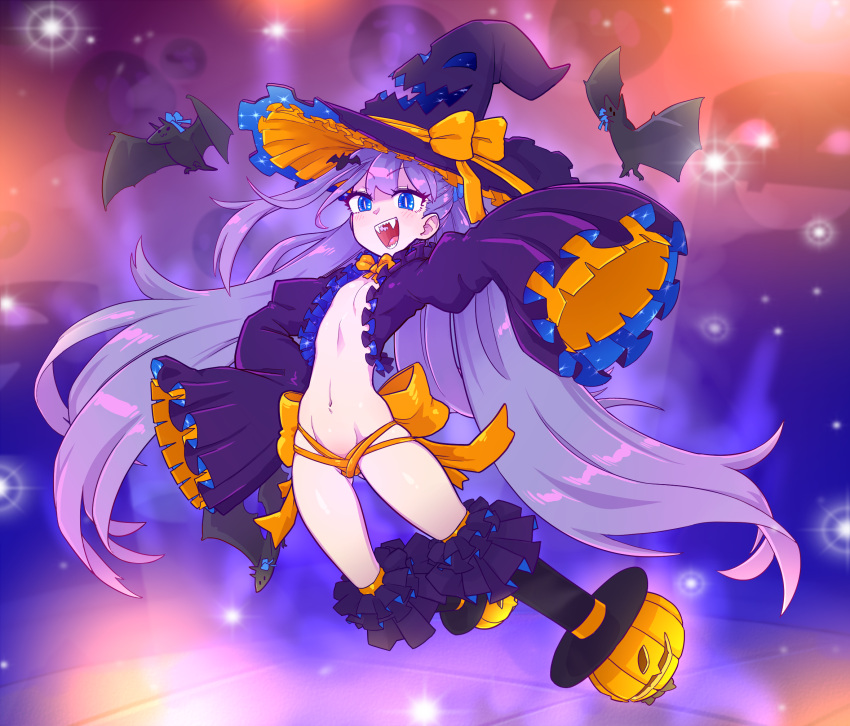 1girl alternate_costume bangs bat bat_hair_ornament blue_eyes commentary english_commentary eyebrows_visible_through_hair fangs fate/extra fate/extra_ccc fate/grand_order fate_(series) flat_chest frilled_sleeves frills full_body hair_ornament halloween halloween_costume hat hat_ribbon heart heart_in_eye highres jack-o'-lantern long_hair looking_at_viewer meltryllis navel open_mouth orange_panties panties pumpkin purple_hair revealing_clothes ribbon ribbon_panties sharp_teeth sleeves_past_fingers sleeves_past_wrists slit_pupils solo stomach symbol_in_eye teeth tenk underwear very_long_hair very_long_sleeves witch_hat