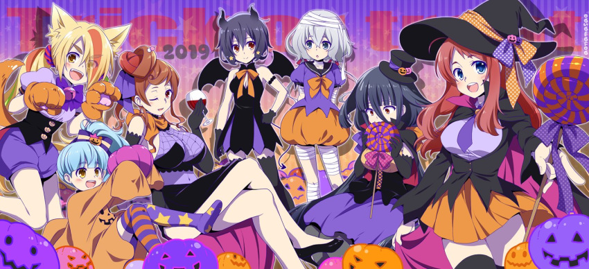 6+girls ahoge alcohol aona_masao bandages black_hair blonde_hair blue_hair bow breasts brown_hair candy cape covered_navel crossed_legs cup demon_horns demon_wings drinking_glass eating elbow_gloves food gloves grey_hair halloween halloween_costume hat horns hoshikawa_lily konno_junko lollipop long_hair minamoto_sakura mizuno_ai multiple_girls nikaidou_saki one_eye_closed paw_gloves paws pumpkin redhead tail top_hat wine wine_glass wings witch_hat yamada_tae yuugiri_(zombie_land_saga) zombie_land_saga