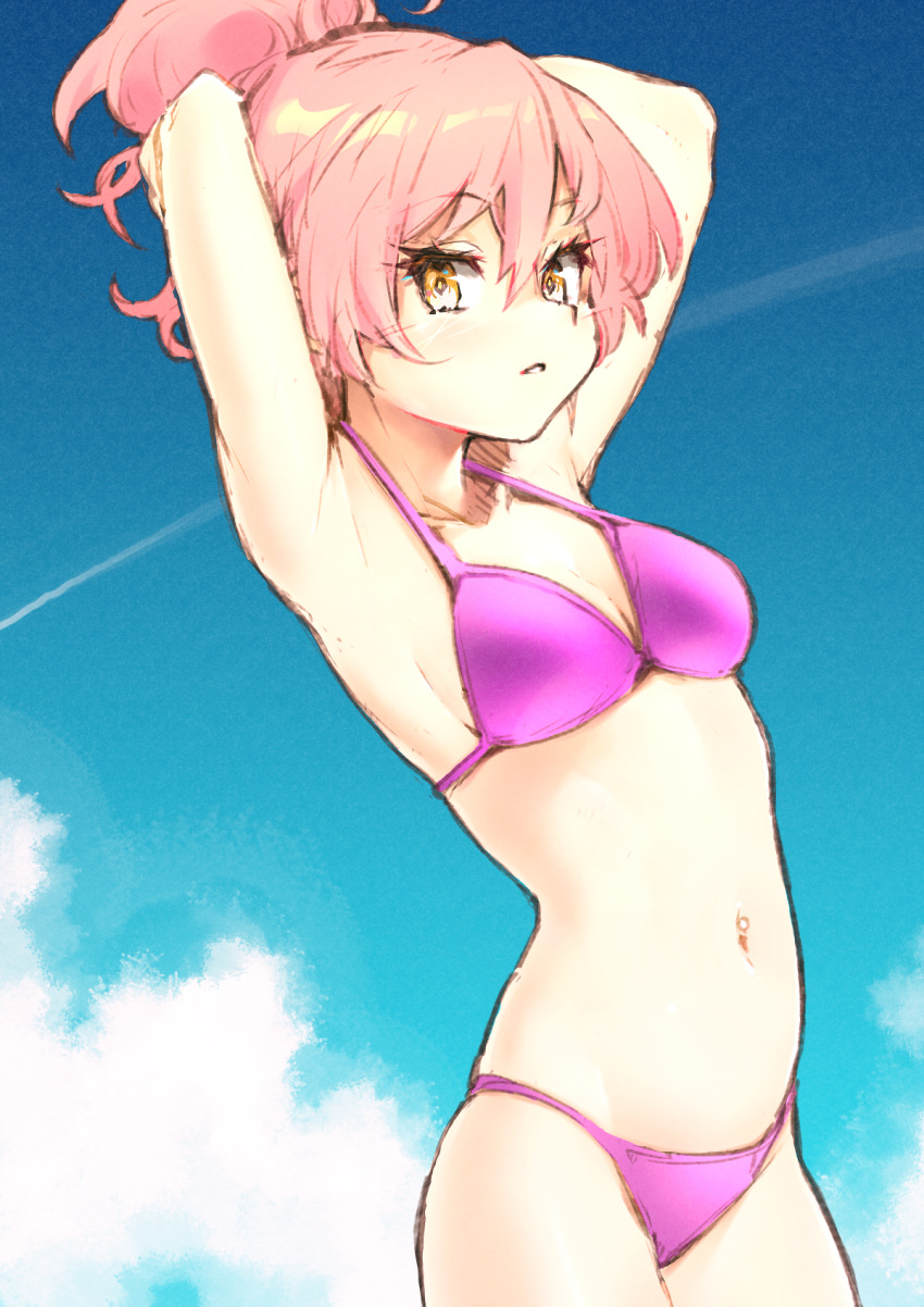 1girl armpits arms_up bikini blue_sky breasts clouds commentary_request condensation_trail cowboy_shot day highres holding holding_hair idolmaster idolmaster_cinderella_girls jougasaki_mika long_hair medium_breasts navel outdoors pink_bikini pink_hair ponytail sky solo sumi_(oyasumie) swimsuit yellow_eyes