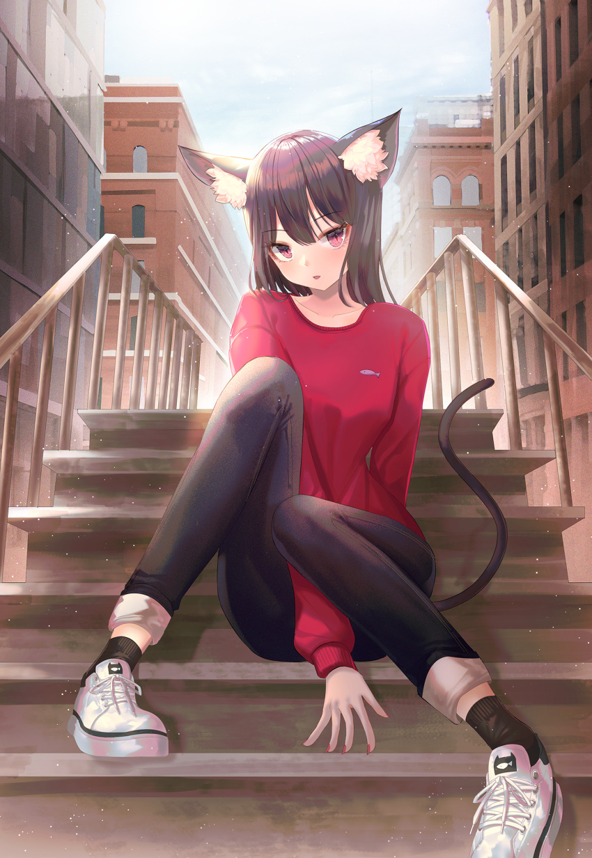 1girl animal_ear_fluff animal_ears arm_behind_back bangs between_legs black_hair black_legwear black_pants bosumonki building casual cat_ears cat_girl cat_tail city collarbone commentary_request day denim eyebrows_visible_through_hair full_body hand_between_legs highres jeans knees_up long_hair long_sleeves looking_at_viewer nail_polish original pants pink_eyes railing red_nails red_shirt shirt shoes slit_pupils sneakers socks solo stairs tail white_footwear
