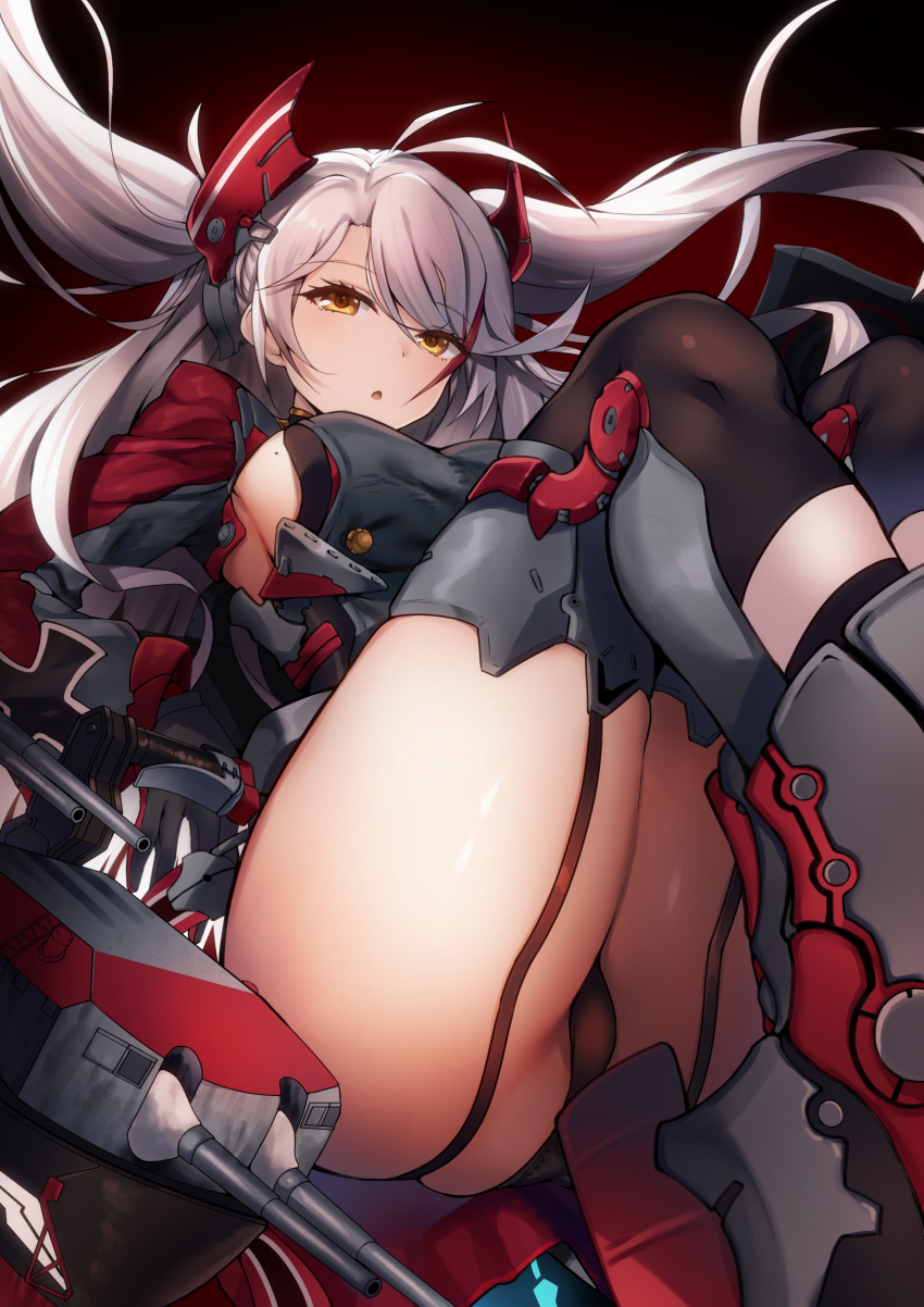 1girl :o absurdres antenna_hair armpit_cutout azur_lane bangs blush breasts brown_eyes cannon eyebrows_visible_through_hair floating floating_hair garter_straps gloves hair_between_eyes headgear highres iron_cross knees_up large_breasts leotard long_hair looking_at_viewer mole mole_on_breast multicolored_hair prinz_eugen_(azur_lane) raiou redhead rigging silver_hair solo streaked_hair thighs two_side_up very_long_hair