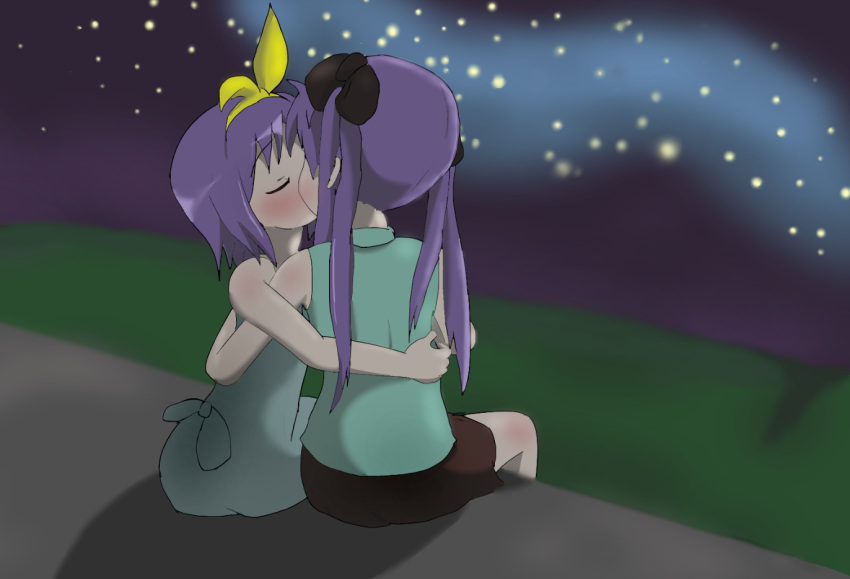 2girls bare_shoulders blush brown_skirt closed_eyes dress eyebrows_visible_through_hair green_dress hair_ornament hair_ribbon hiiragi_kagami hiiragi_tsukasa hug kiss long_hair lucky_star multiple_girls night night_sky otoshian outdoors purple_hair ribbon shiny shiny_hair short_hair siblings sisters sitting skirt sky sleeveless star_(sky) starry_sky twintails yuri