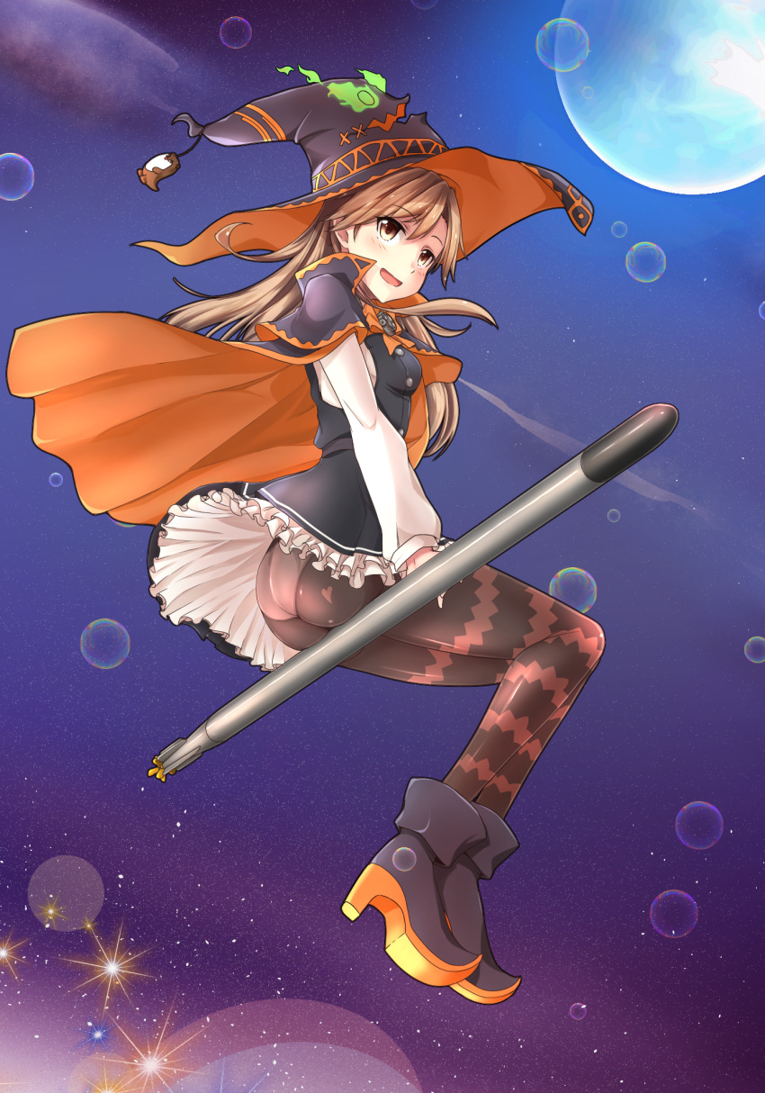 1girl arashio_(kantai_collection) ass black_cape black_dress black_legwear boots brown_eyes brown_hair cape commentary_request dress frilled_dress frills from_below halloween halloween_costume hat high_heel_boots high_heels highres kantai_collection long_hair long_sleeves multicolored multicolored_cape multicolored_clothes night night_sky orange_cape panties panties_under_pantyhose pantyhose pinafore_dress remodel_(kantai_collection) riding shirt sidesaddle sky sleeveless sleeveless_dress solo striped striped_legwear torpedo tr-6 underwear white_panties white_shirt witch witch_hat