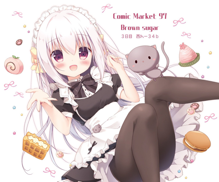 1girl :d animal apron bangs black_bow black_dress blush bow breasts brown_legwear cat commentary_request dress eyebrows_visible_through_hair feet_out_of_frame frilled_apron frills hair_between_eyes hair_bow hands_up knees_together_feet_apart knees_up long_hair maid_headdress miyasaka_nako open_mouth original pantyhose puffy_short_sleeves puffy_sleeves red_eyes short_sleeves small_breasts smile solo striped striped_bow very_long_hair waist_apron white_apron white_background white_hair yellow_bow